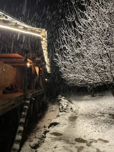 Snowy night with string lights
