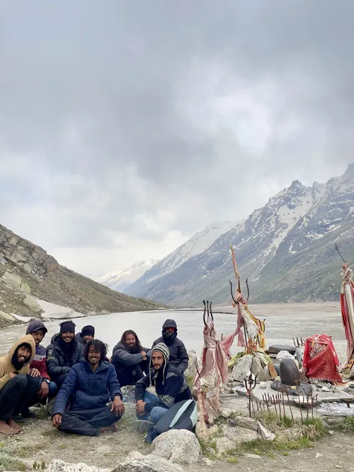 Friends at a high-altitude lake in the Himalayas