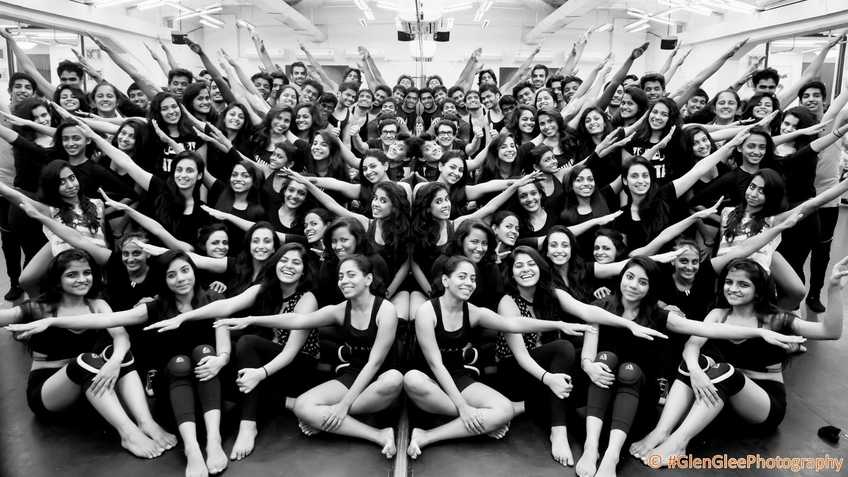 Dance crew group photo, black and white