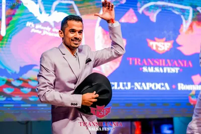 Kartik on stage at Transilvania Salsa Fest in Romania